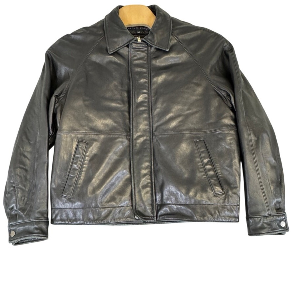 Tommy Hilfiger Mens Black Leather Bomber Jacket Zip Out Liner XL